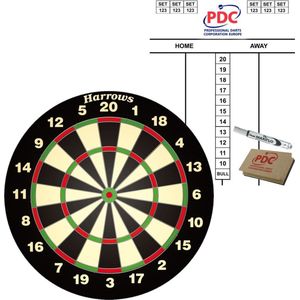 Dartbord Harrows set compleet van diameter 45 cm met 6 dartpijlen en een scorebord set + marker en wisser