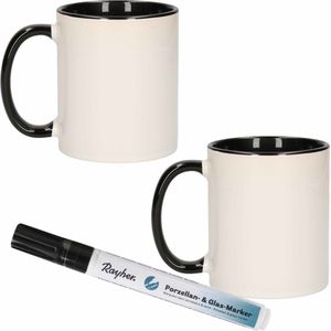 4x Stuks Zwart/Witte Drink Mokken van Keramiek met Een Zwarte Porseleijn Marker Stift