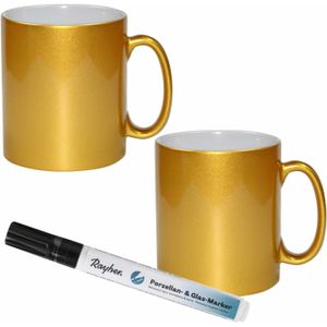 4x stuks gouden drink mokken van keramiek met een zwarte porseleijn marker stift - Maak uw eigen mokken