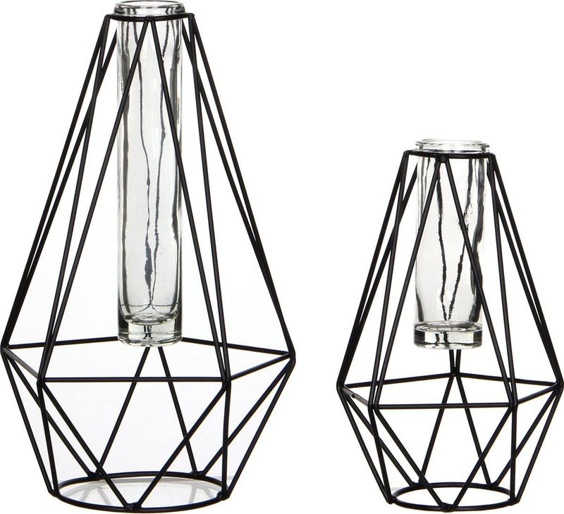 2x Stuks metalen diamant draad vaasjes zwart met glas 17 en 24 cm - Setje vazen