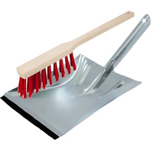 Stoffer en blik zilver/rood van verzinkt metaal/hout inclusief lip voor buiten - Elaston stoffers
