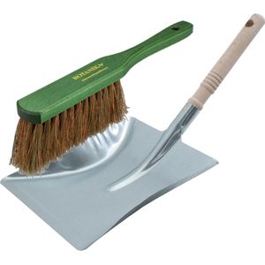 Stoffer en blik zilver/groen van verzinkt metaal/hout/kokosharen voor buiten