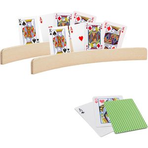 2x stuks Speelkaarthouders - inclusief 54 speelkaarten groen geruit - hout - 35 cm - kaarthouders