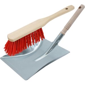 Stoffer en blik zilver/rood van verzinkt metaal/hout voor buiten