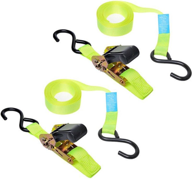 Set van 4x stuks caravan/camper fietsen spanbanden met ratel en dubbele haak 5 meter - sjorbanden/bindriemen