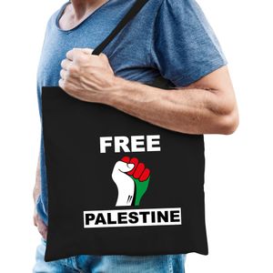 Free Palestine katoenen tasje zwart heren - Palestina protest/ demonstratie tas met Palestijnse vlag in vuist