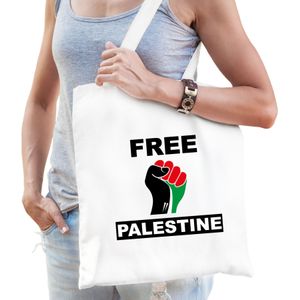 Free Palestine katoenen tasje wit heren - Palestina protest/ demonstratie tas met Palestijnse vlag in vuist