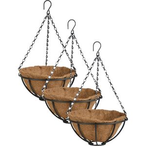 3x stuks metalen hanging baskets / plantenbakken met ketting 25 cm inclusief kokosinlegvel - Plantenbakken