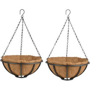 2x stuks metalen hanging baskets / plantenbakken met ketting 30 cm inclusief kokosinlegvel