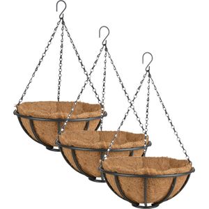3x stuks metalen hanging baskets / plantenbakken met ketting 30 cm inclusief kokosinlegvel