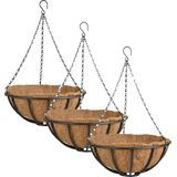 3x stuks metalen hanging baskets / plantenbakken met ketting 35 cm inclusief kokosinlegvel