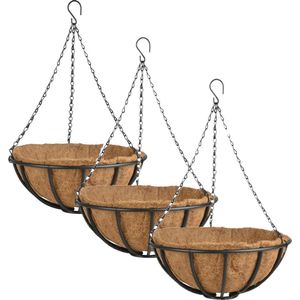 3x stuks metalen hanging baskets / plantenbakken met ketting 35 cm inclusief kokosinlegvel