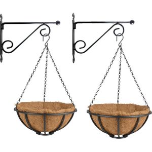 Set van 2x stuks Hanging baskets 30 cm met muurhaken - metaal - complete hangmand set - Plantenbakken