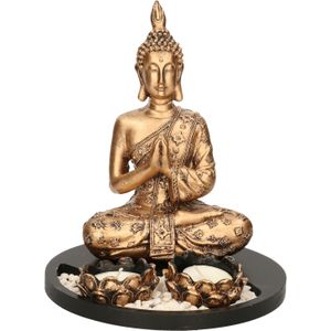 Boeddha Beeld met Waxinelichthouders Goud/Zwart 20 cm - Boeddha Beeldjes Voor Binnen Gebruik