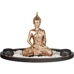 Boeddha beeld met waxinelichthouders goud 33 cm - Boeddha beeldjes voor binnen gebruik