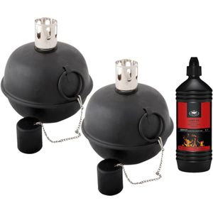 Set van 2x stuks tuimeltoorts/olielamp zwart met heldere lampenolie/fakkelolie - Tuinfakkel - Olielamp - Lampolie