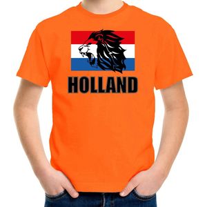 Oranje fan t-shirt voor kinderen - met leeuw en vlag - Holland / Nederland supporter - Koningsdag / EK / WK shirt / outfit 134/140