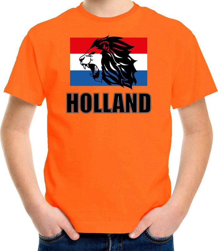 Oranje - T-shirt - Kinderen - Leeuw en Vlag - Holland / Nederland