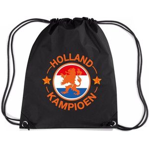 Holland kampioen leeuw rugzakje - nylon sporttas zwart met rijgkoord - Nederland/oranjesupporter - EK/ WK voetbal / Koningsdag