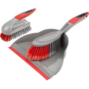 2-Delige schoonmaakset schrobborstel en stoffer en blik rood/grijs