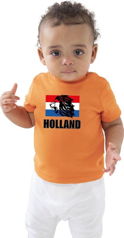 T-shirt - Oranje - Katoen - Nederland Supporter met Leeuw en Vlag