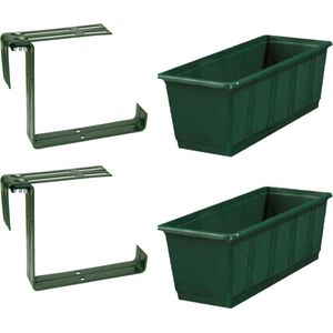 Set van 2 kunststof plantenbakken donkergroen rechthoekig 40 cm met 4 verstelbare railing beugels