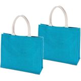 2x stuks jute turquoise blauwe boodschappentassen 42 cm - Strandtassen