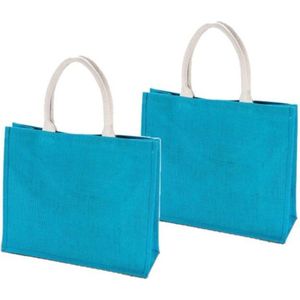 2x stuks jute turquoise blauwe boodschappentassen 42 cm