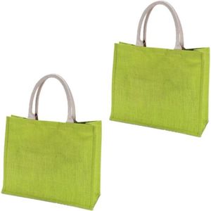 2x stuks jute lime groene boodschappentassen 42 cm - Strandtassen