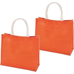 2x stuks jute oranje boodschappentassen 42 cm - Strandtassen