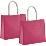 2x stuks jute fuchsia roze boodschappentassen 42 cm - Shoppers