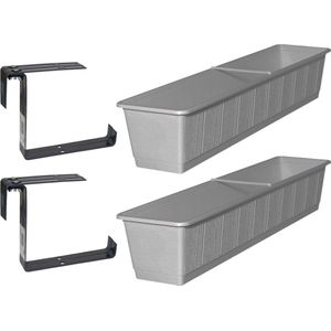 Set van 3 kunststof plantenbakken grijs rechthoekig 80 cm met 6 verstelbare railing beugels