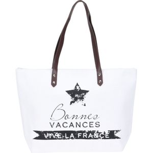 Strandtas vive la France wit 31 x 45 cm - Strandshoppers van polyester