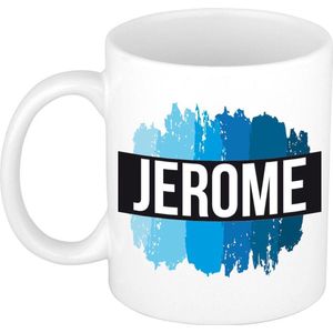 Naam cadeau mok / beker Jerome met blauwe verfstrepen 300 ml
