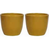 2x Stuks Groen/Witte Ficus Kunstplant 40 cm met Plantenpot Okergeel D13.5 en H12.5 cm