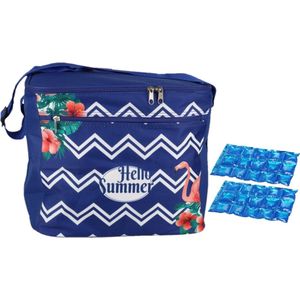 Koeltas schoudertas blauw met zomer print met 2 stuks flexibele koelelementen 18 liter