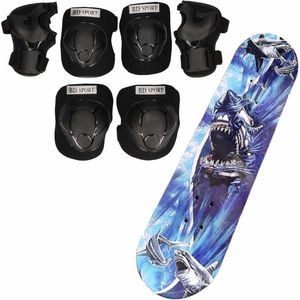 Set van skateboard 81 cm met haaien print/valbescherming maat L- 9 tot 10 jaar/buitenspeelgoed