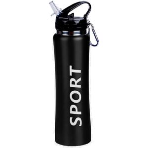 Sport Bidon drinkfles/waterfles Sport print zwart 600 Ml van Aluminium met karabijnhaak