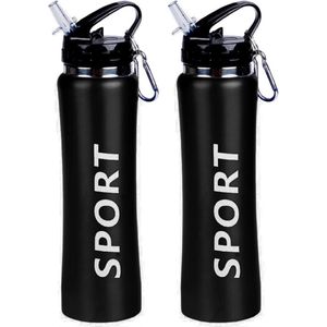 2x Sport Bidon drinkfles/waterfles Sport print zwart 600 Ml van Aluminium met karabijnhaak