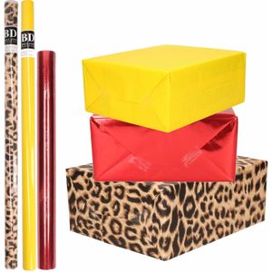 9x Rollen kraft inpakpapier pakket panter/dierenprint-metallic rood en geel 200 x 70/50 cm/cadeaupapier/verzendpapier/kaftpapier