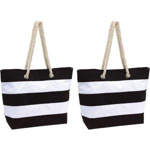 2x stuks strandtas gestreept zwart/wit 47 cm - Strandartikelen beach bags/shoppers met klittenbandsluiting