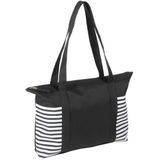 2x stuks strandtas zwart/wit met streepmotief 44 cm - Strandartikelen beach bags/shoppers met ritssluiting