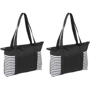 2x stuks strandtas/shopper zwart/wit met streepmotief 44 cm - Strandtassen