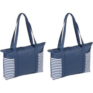 2x stuks strandtas blauw/wit met streepmotief 44 cm - Strandartikelen beach bags/shoppers met ritssluiting