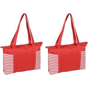 2x stuks strandtas rood/wit met streepmotief 44 cm - Strandartikelen beach bags/shoppers met ritssluiting