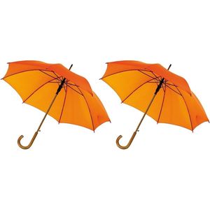 2x stuks oranje paraplu met gebogen houten handvat 103 cm - Paraplu's - Oranje/Koningsdag artikelen