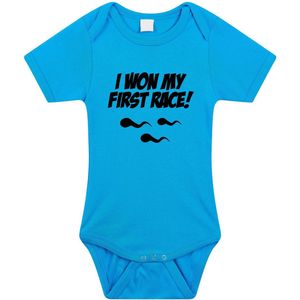 I Won My First Race Tekst Baby Rompertje Blauw Jongens - Kraamcadeau - Babykleding 56