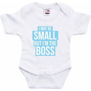 Small but the boss tekst baby rompertje blauw/wit jongens - Kraamcadeau - Babykleding 56