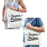 Super papa en Super mama tasje - Cadeau boodschappentasjes set voor Papa en Mama - Moederdag en Vaderdag cadeautje