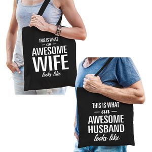 Awesome Wife en Awesome husband tasje - Cadeau boodschappentasjes set voor bruiloft - Cadeau bruid en bruidegom huwelijk